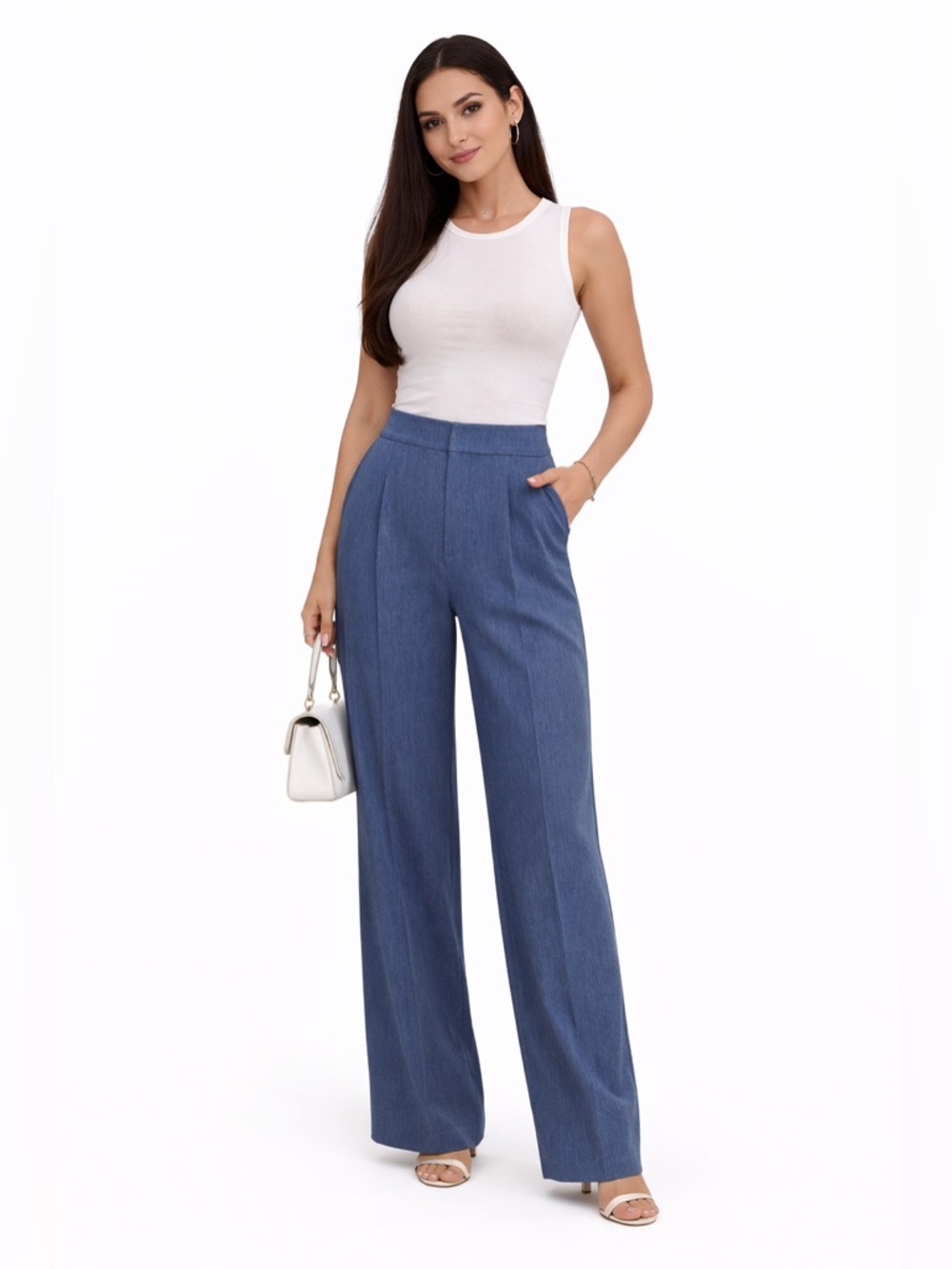 Wide Leg High-Waist Pants in Blue Size Small